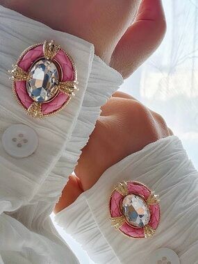 Pink Enamel & Crystal Statement Brooch – Vintage Style Gold Tone Pin